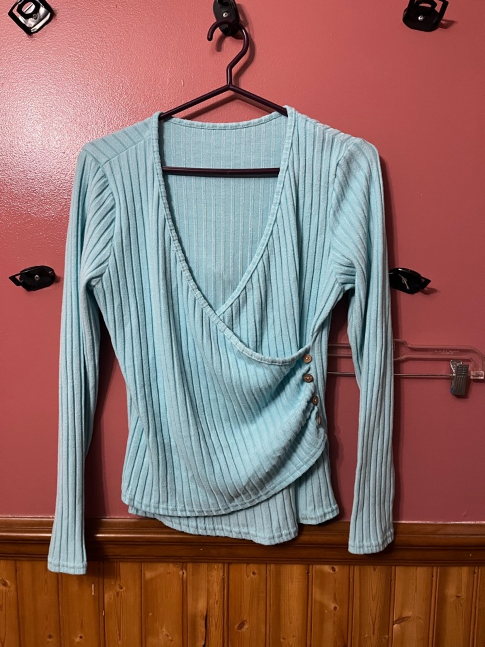 Ribbed Wrap Long-Sleeve Top in Light Blue